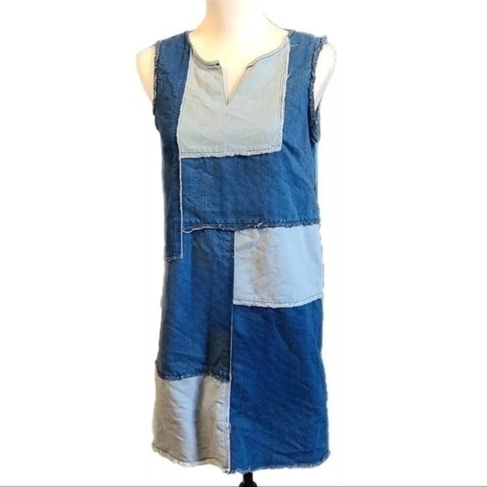 New✨Nanette Lepore | Blue Denim Patchwork Split V-neck Shift Dress